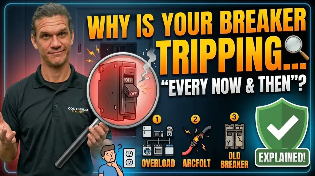 Man next to breaker panel with text “Why is your breaker tripping every now & then?” and an “explained” badge