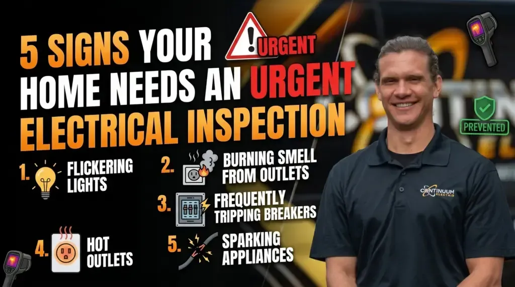 Graphic about 5 signs a home needs an urgent electrical inspection, with a smiling electrician and warning icons.