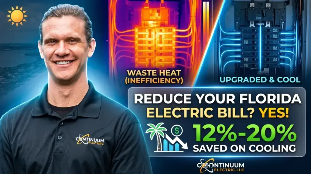 Smiling man beside energy graphic, with text: “Reduce your Florida electric bill? Yes!” and “12%-20% saved on cooling”