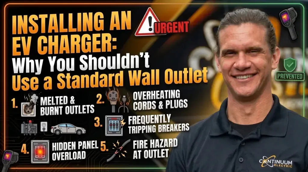 Thumbnailed EV charger warning with man, outlet danger icons, and bold text: “Why you shouldn’t use a standard wall outlet.”