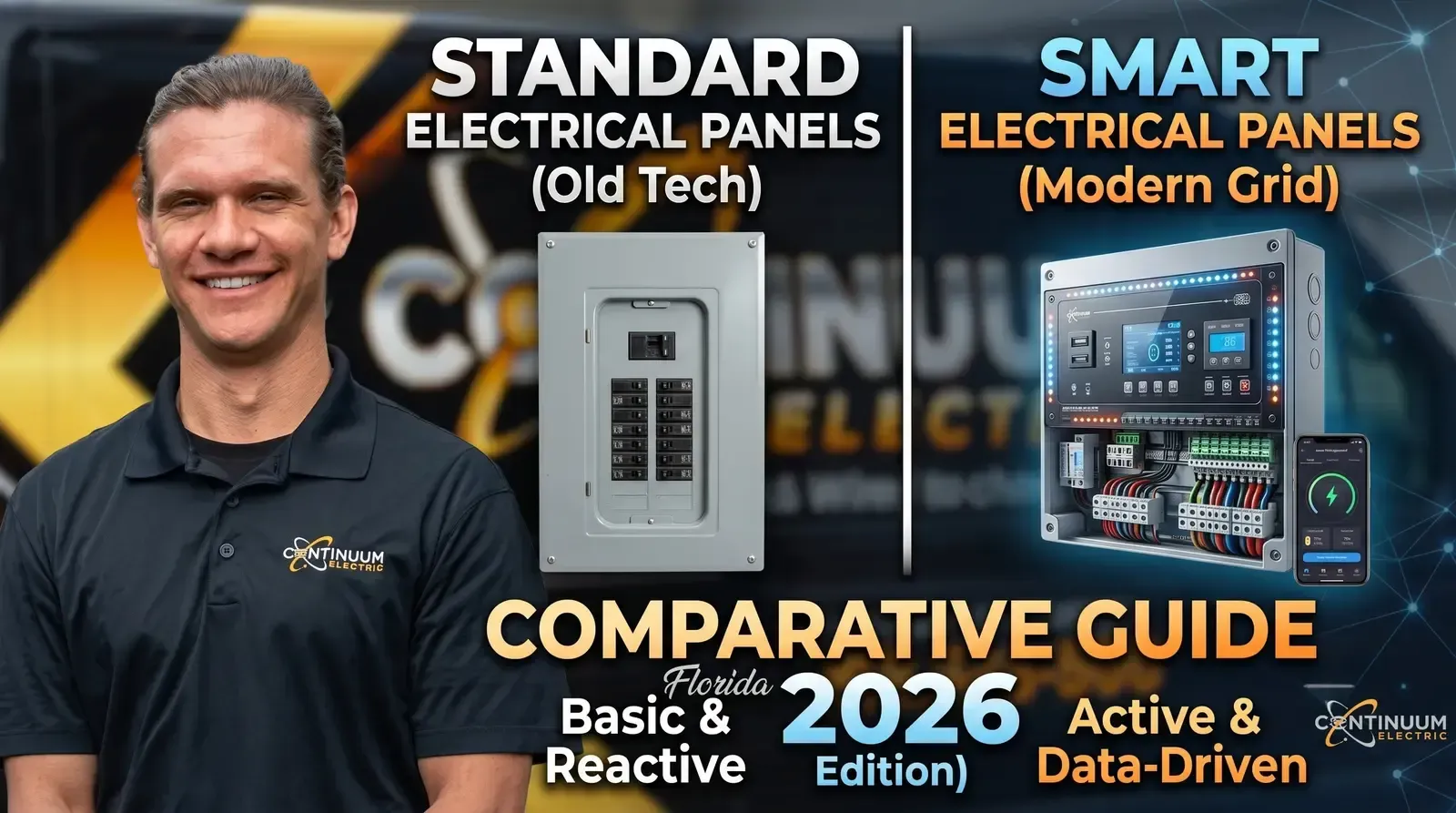 Man beside electrical panels labeled standard old tech and smart modern grid, comparative guide 2026.