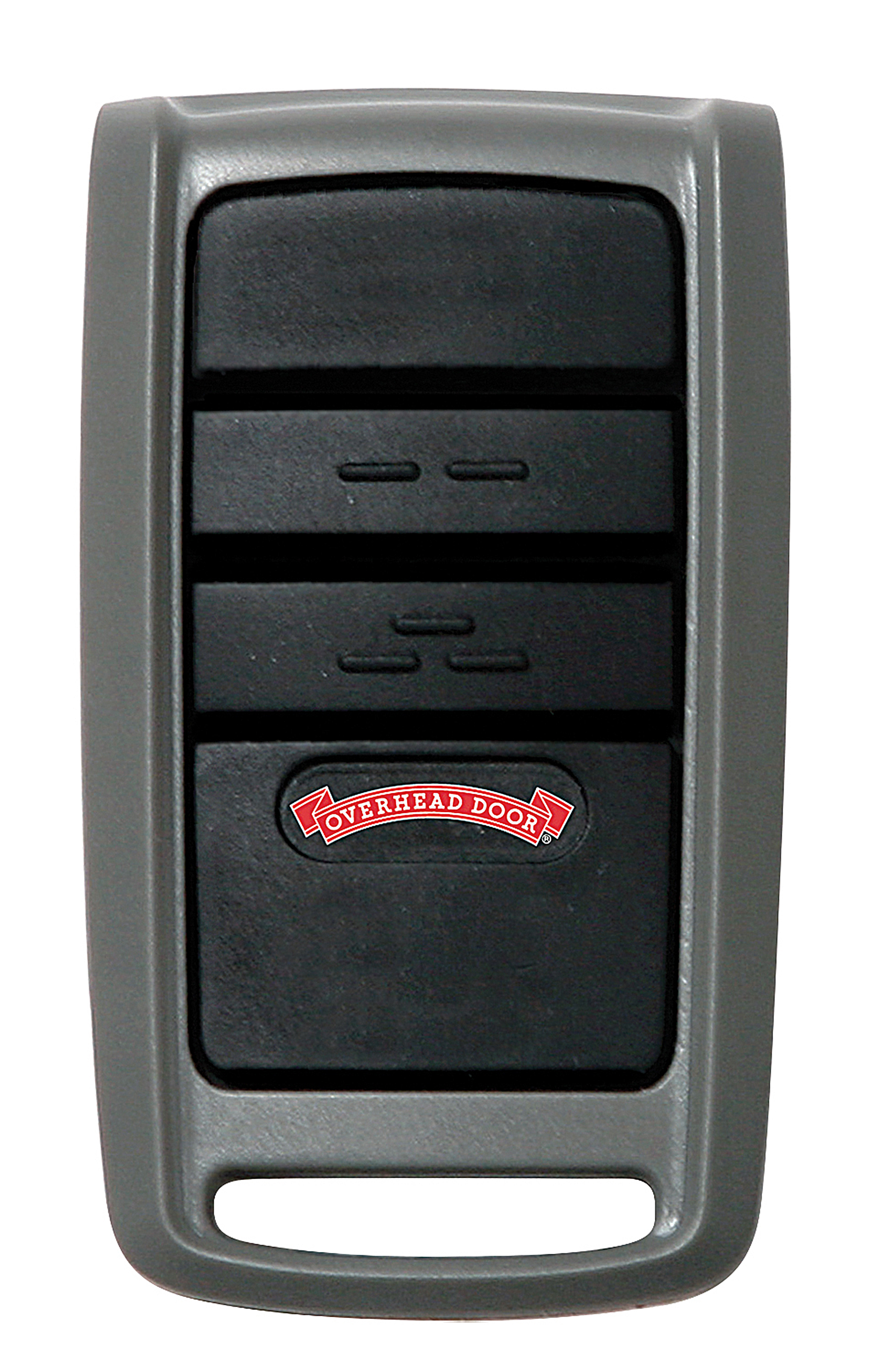 A close up of a garage door opener remote control on a white background.