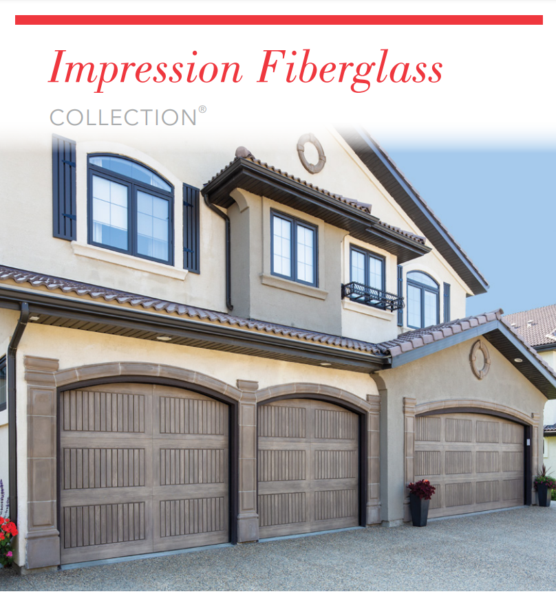 A house with three garage doors and a sign that says impression fiberglass collection