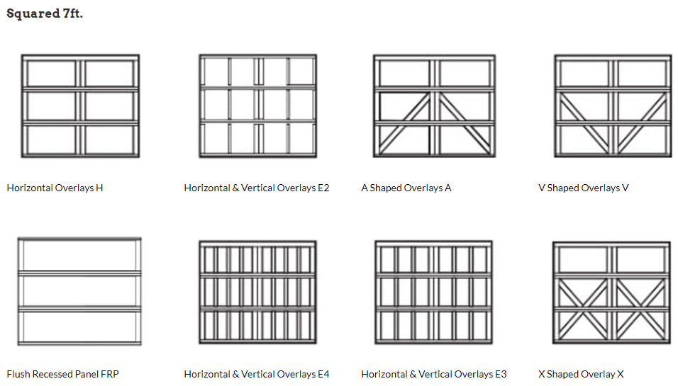 A black and white drawing of different types of garage doors