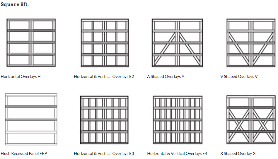 A black and white drawing of a garage door with different designs