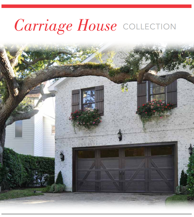 A white brick house with a large wooden garage door
