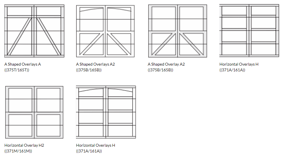 A black and white drawing of different types of garage doors.