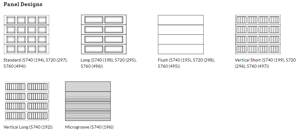 Three different designs of garage doors are shown on a white background.