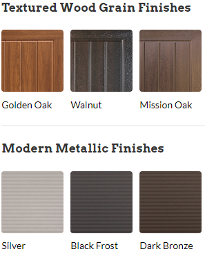 A website shows different types of wood grain finishes and modern metallic finishes.