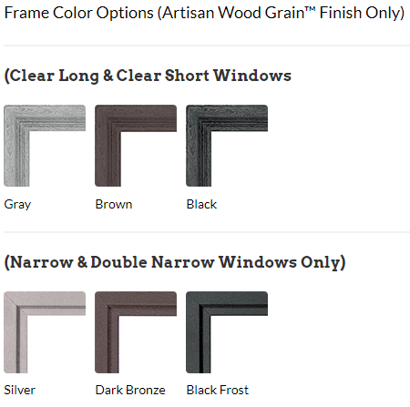 A picture of a window frame color options for artisan wood grain finish only.