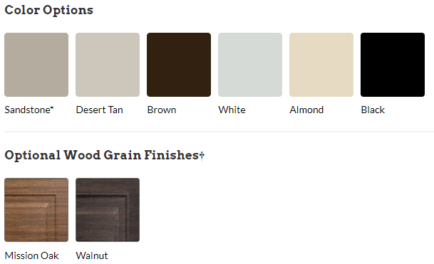 A screenshot of a website showing different colors and optional wood grain finishes.