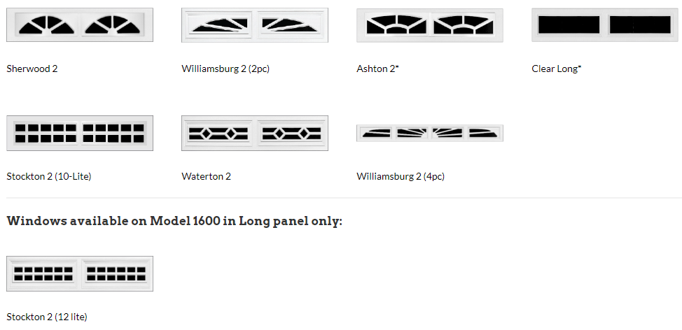 A screenshot of a website that says windows available on model 1900 in long panel only