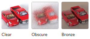 Three images of a red car with the words clear obscure and bronze