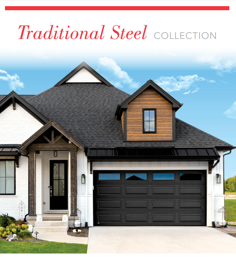 A traditional steel collection house with a black garage door