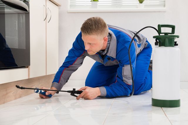 Pest control worker kneeling, spraying insecticide along a floor baseboard in a kitchen.