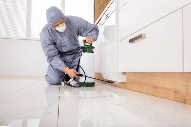 Pest control worker in protective suit spraying insecticide near kitchen cabinets.