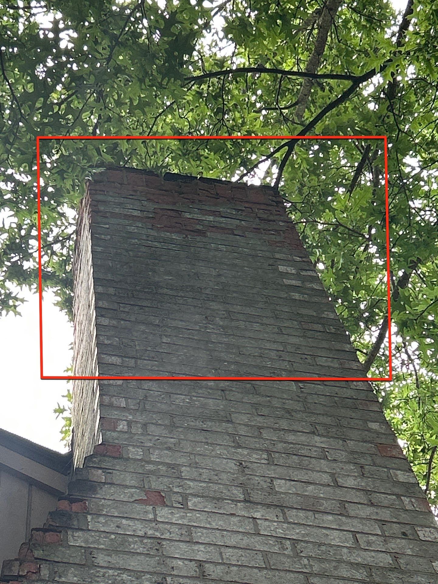 Brick chimney, viewed from below, surrounded by green tree leaves.