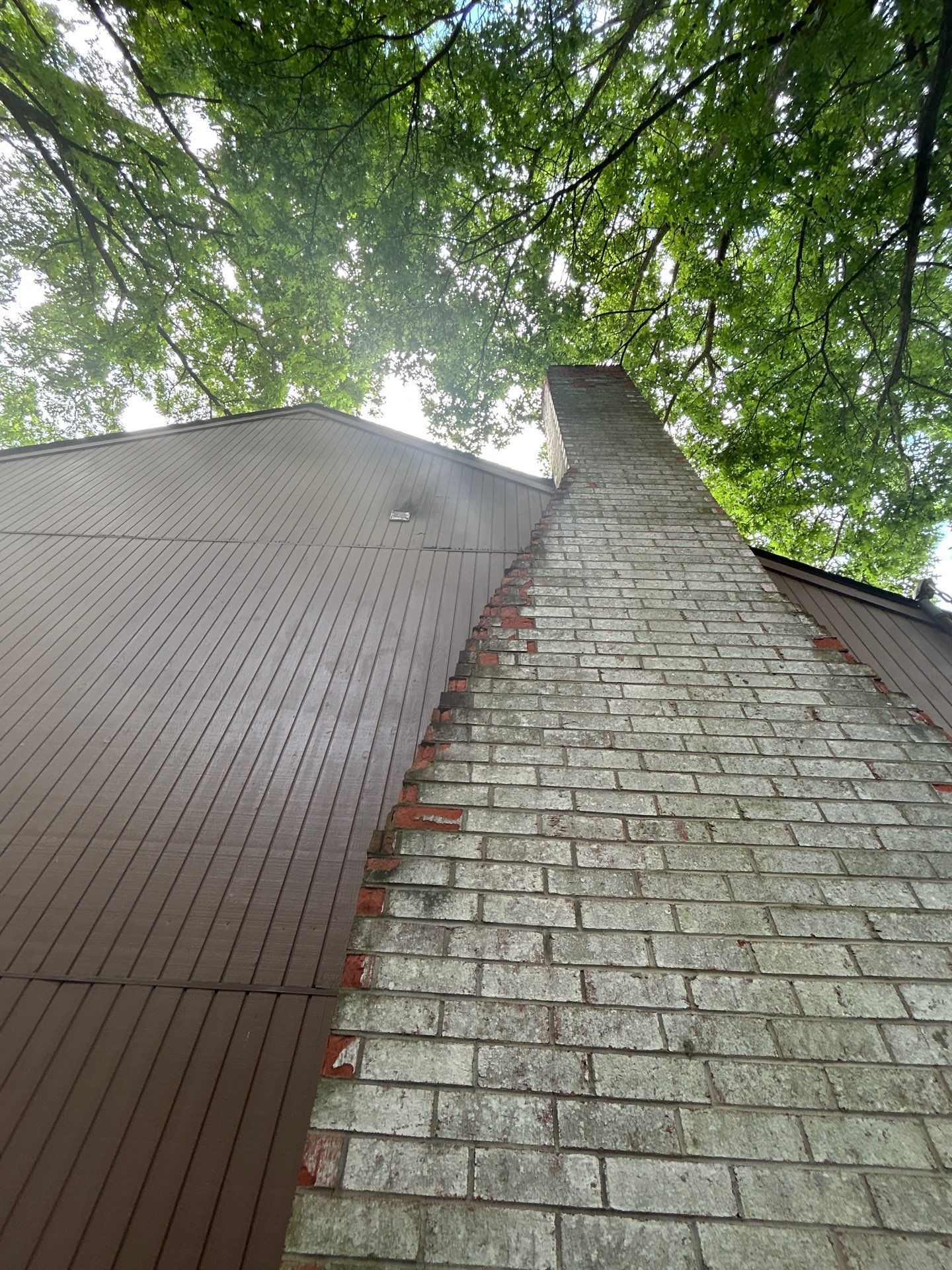 Brick chimney on brown roof, trees overhead.