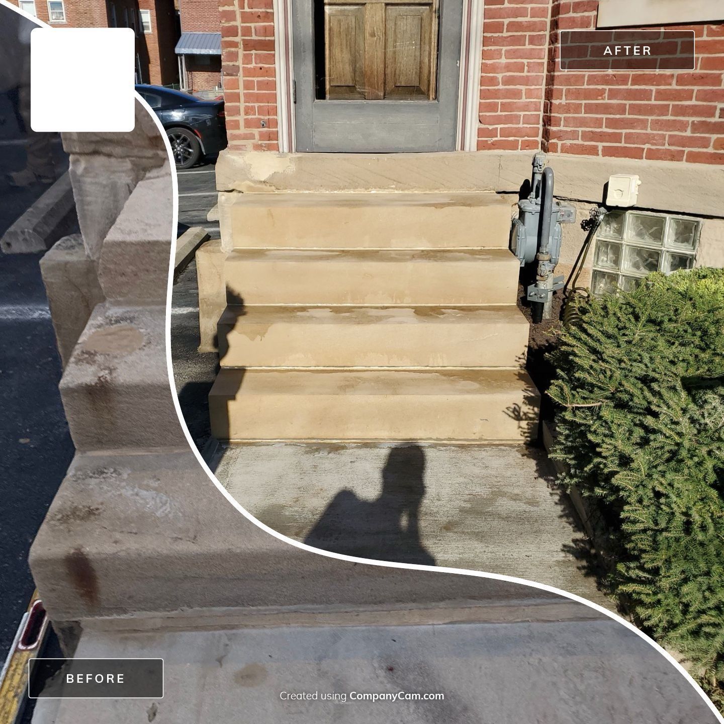Before and after view of a concrete stairway leading to a brick building's entrance. The stairs are wet.