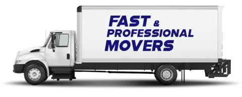 White moving truck with blue text