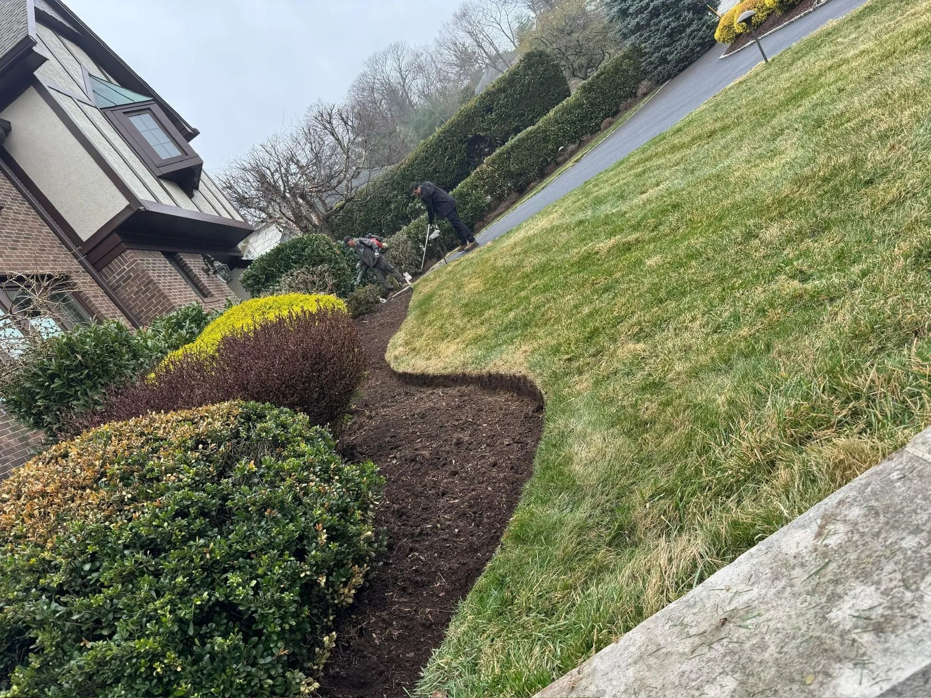 A house with a landscaped yard; dark mulch bed with green shrubs and grass. A person is near the grass.
