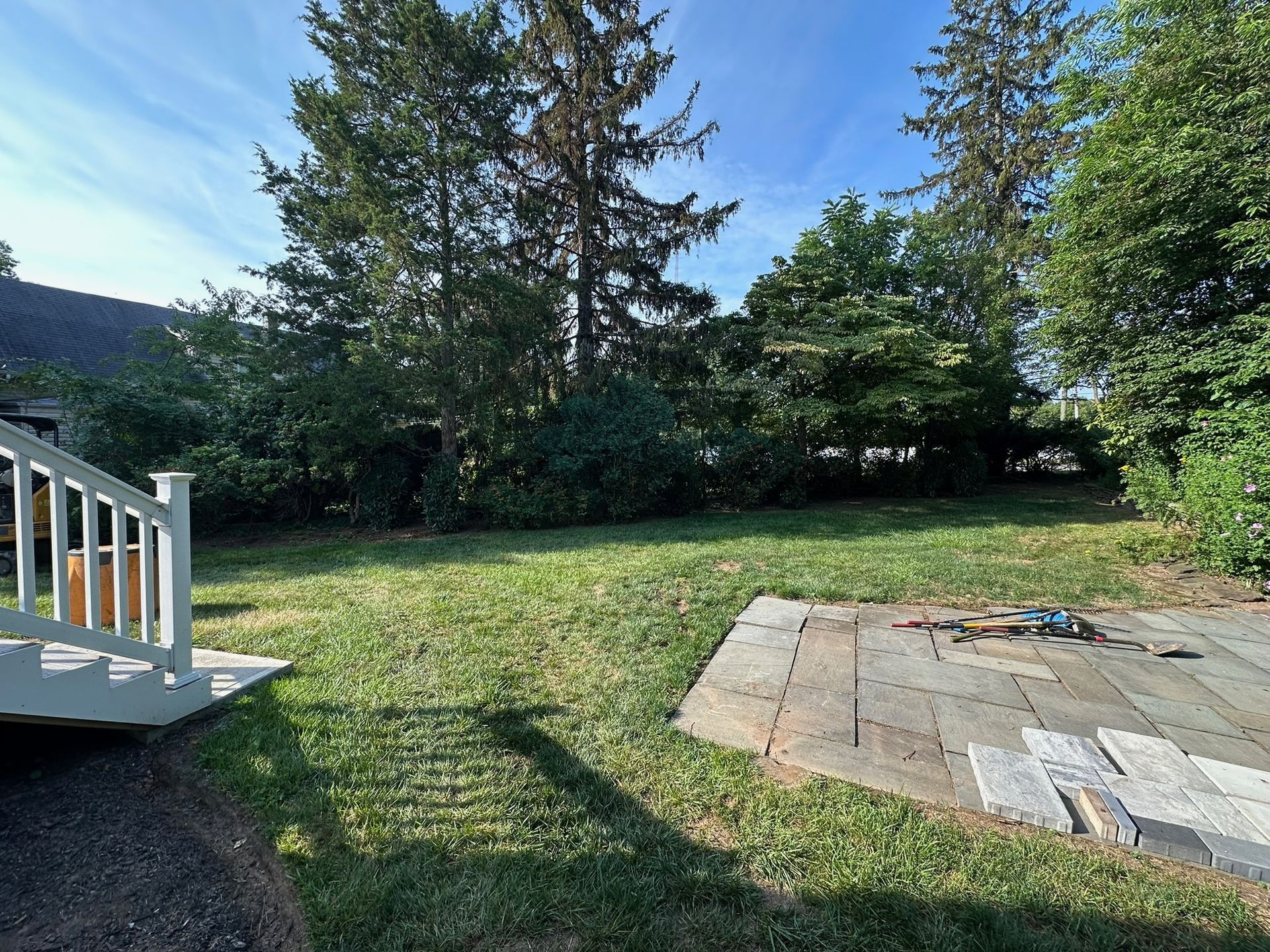 Grassy backyard with a patio, white deck railing on the left, and trees in the background on a sunny day.
