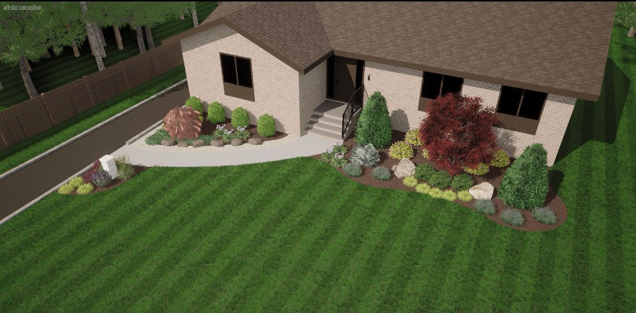 House with brown roof and landscaping in front. Green grass and asphalt driveway.