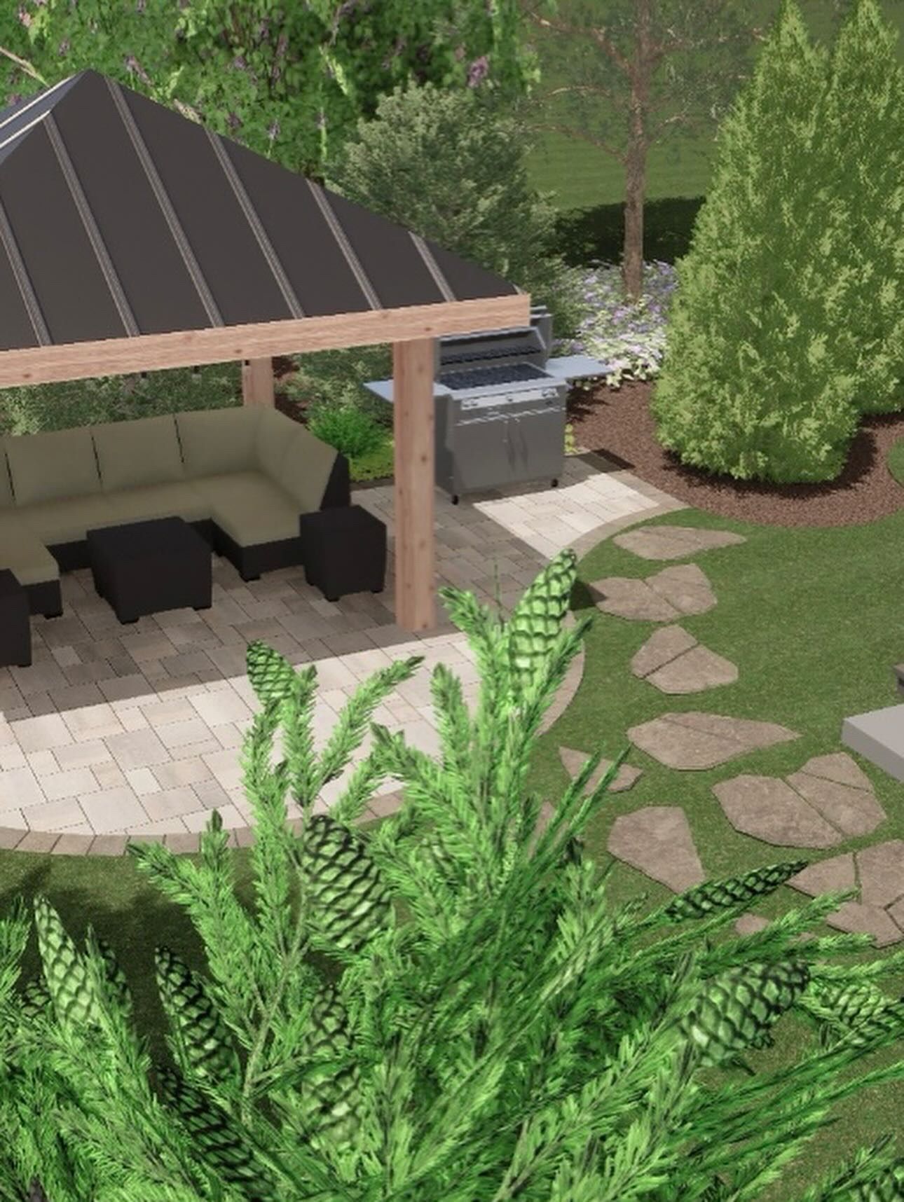 Backyard patio with covered seating, grill, and stone path amid lush greenery