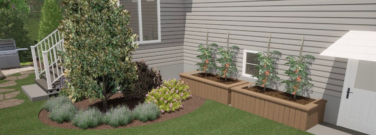 Landscaped backyard with a tree, flower beds, raised wooden planters, and a white shed.