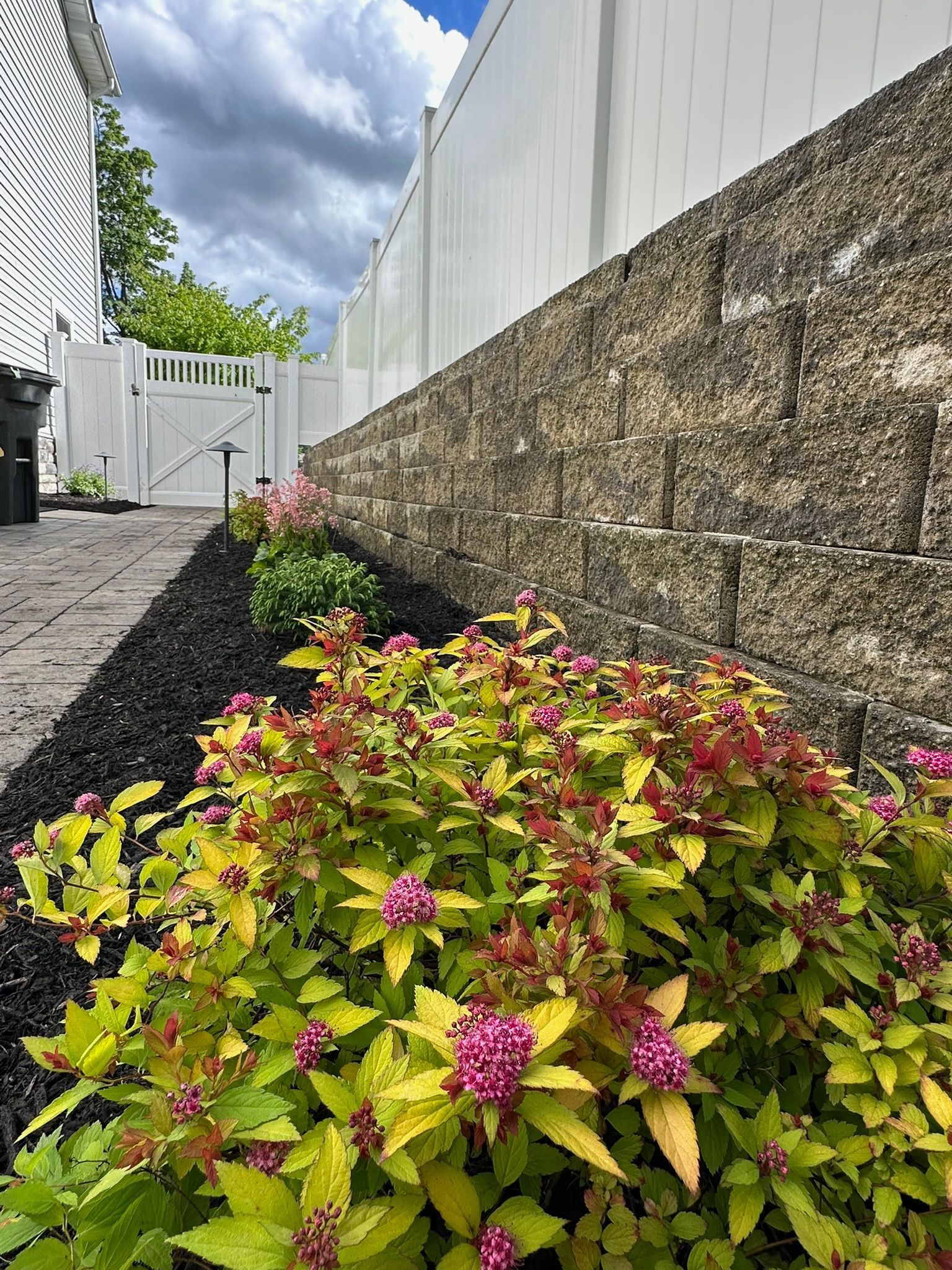 Colorful pink and yellow flowers along a stone retaining wall beside a white fence and gate under a cloudy sky
