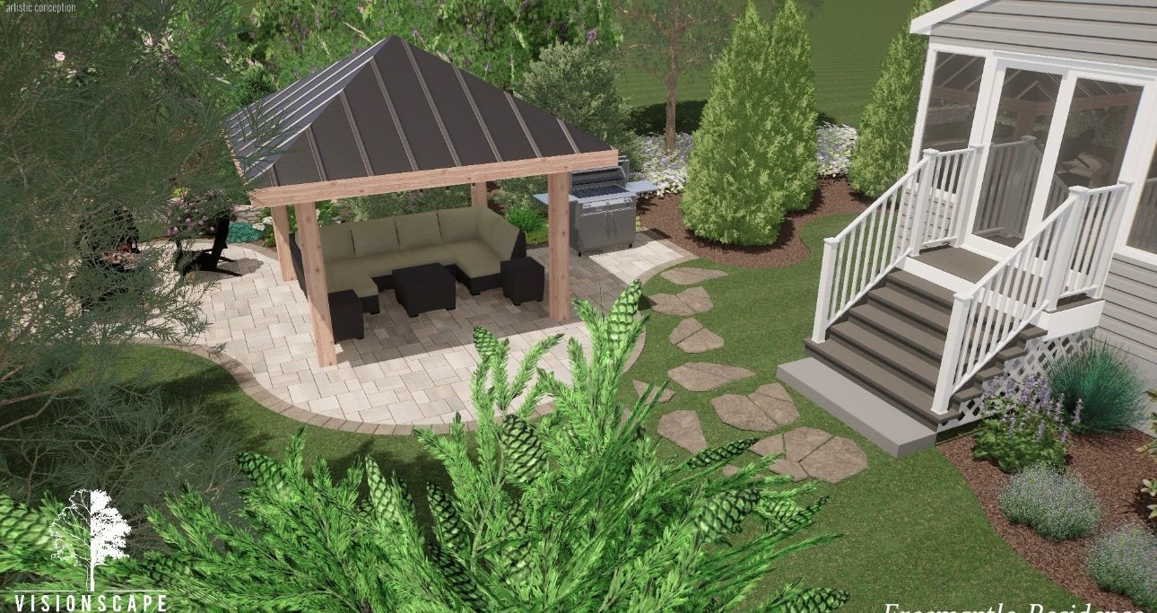 Backyard patio with a gazebo and stairs leading to a white deck, surrounded by greenery