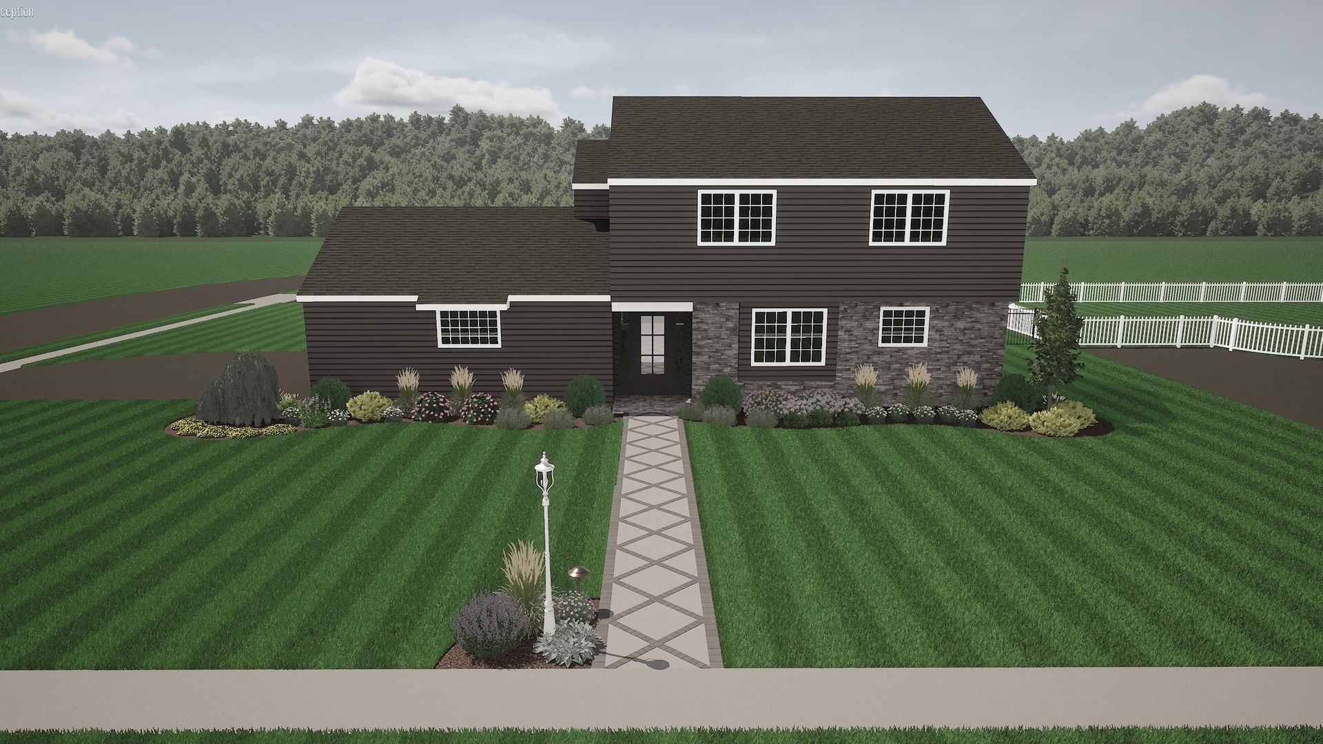Modern two-story dark house with a front walkway, lawn, and garden in a suburban setting