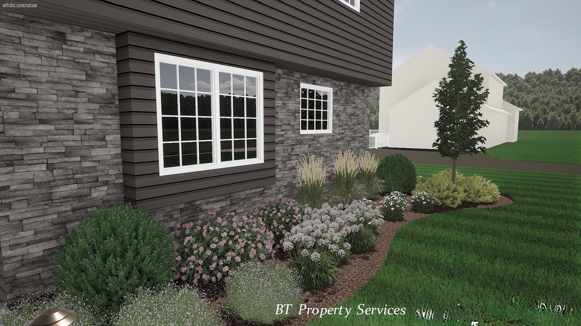 House exterior with stone and dark siding, white windows, and a landscaped flower bed along the foundation.