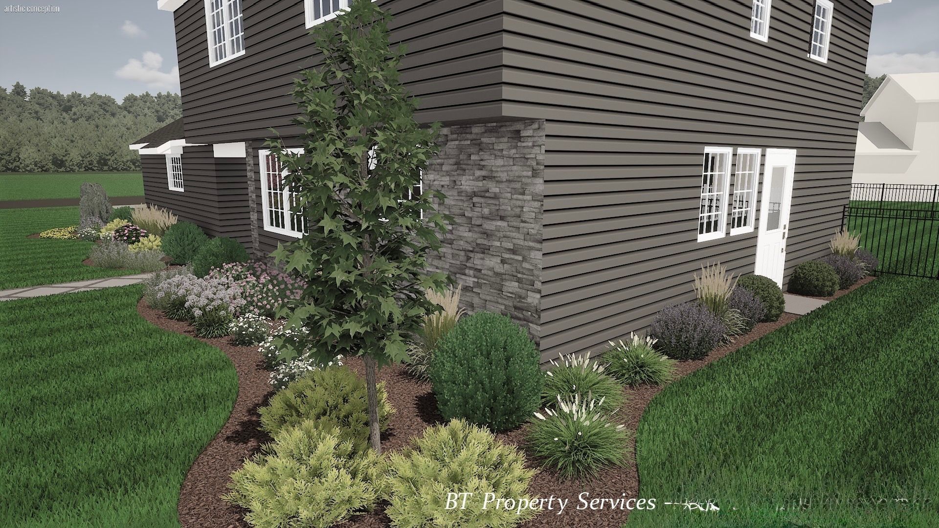 Landscaped side yard beside a brown house with shrubs, trees, and mulch beds