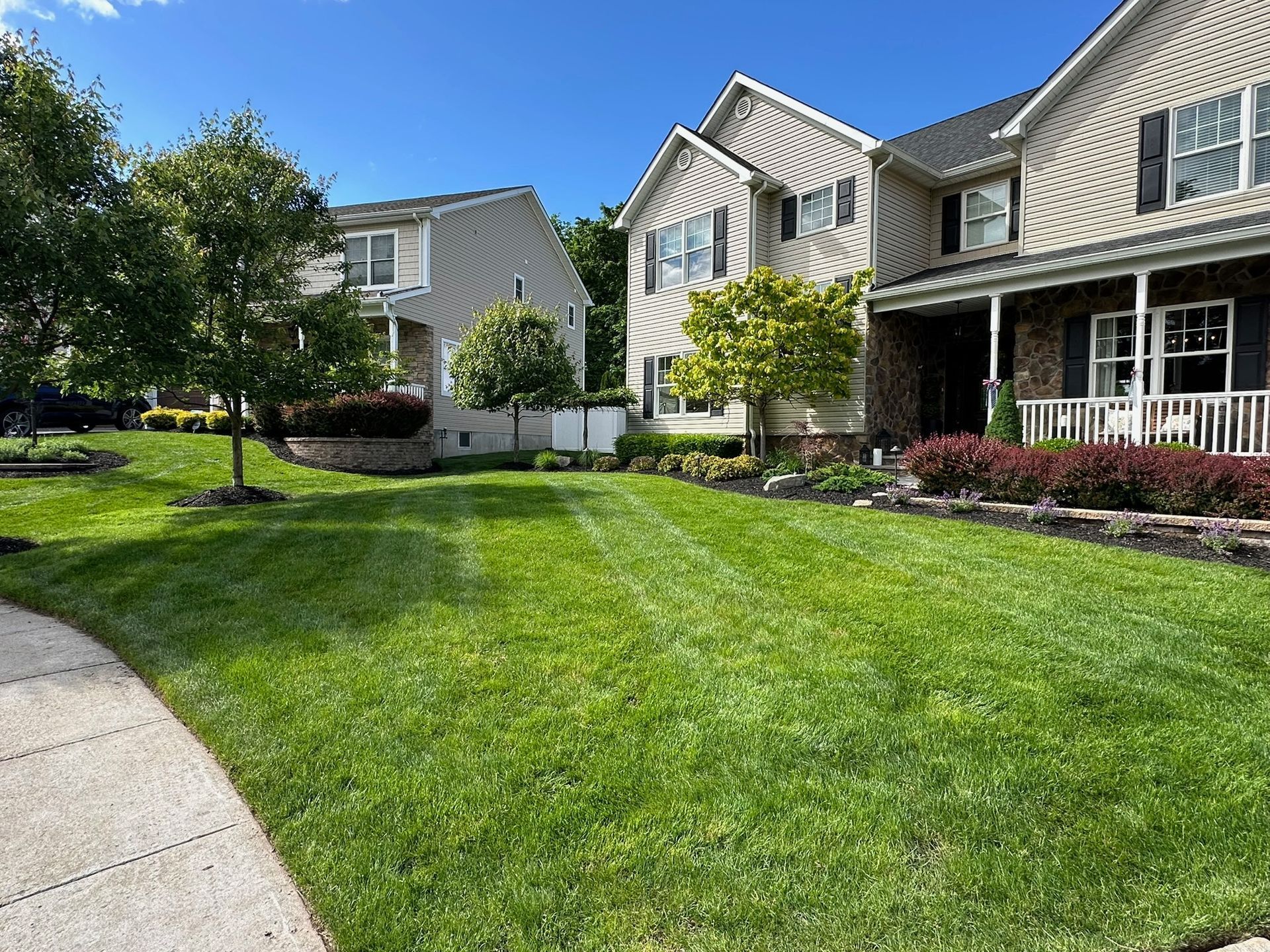 Suburban townhouse row with green lawns, white siding, and a curved sidewalk on a sunny day