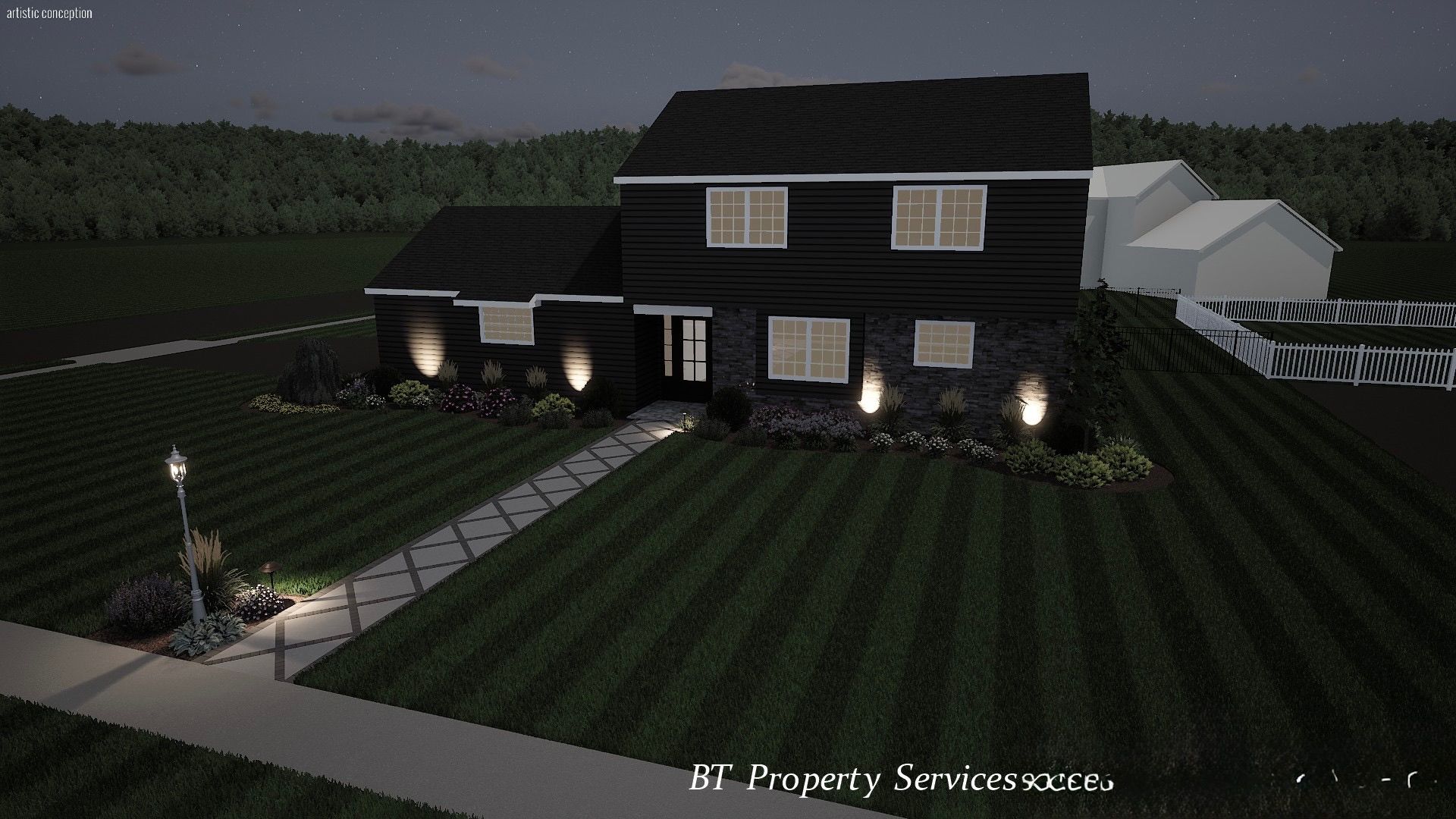 Nighttime 3D rendering of a suburban two-story house with lit walkway, lawn, and driveway