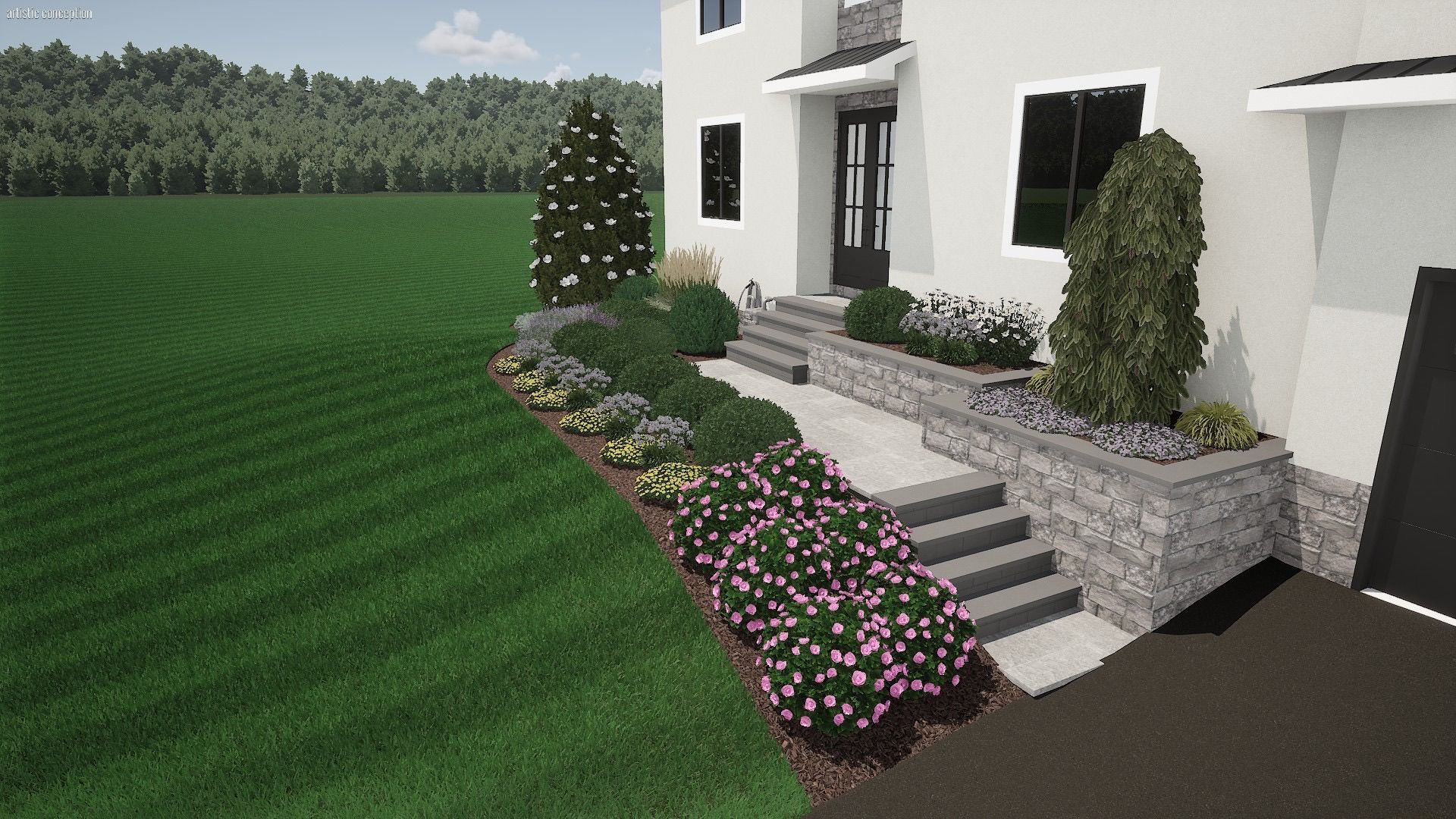Front walkway with steps, flower beds, and trimmed shrubs beside a white house and green lawn