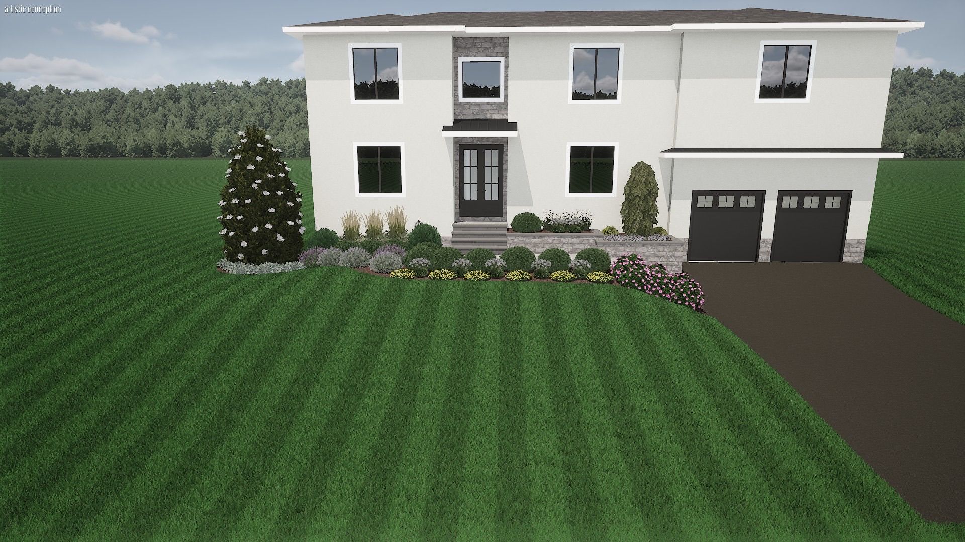 Modern two-story white house with black garage doors, landscaped front yard, and a green lawn