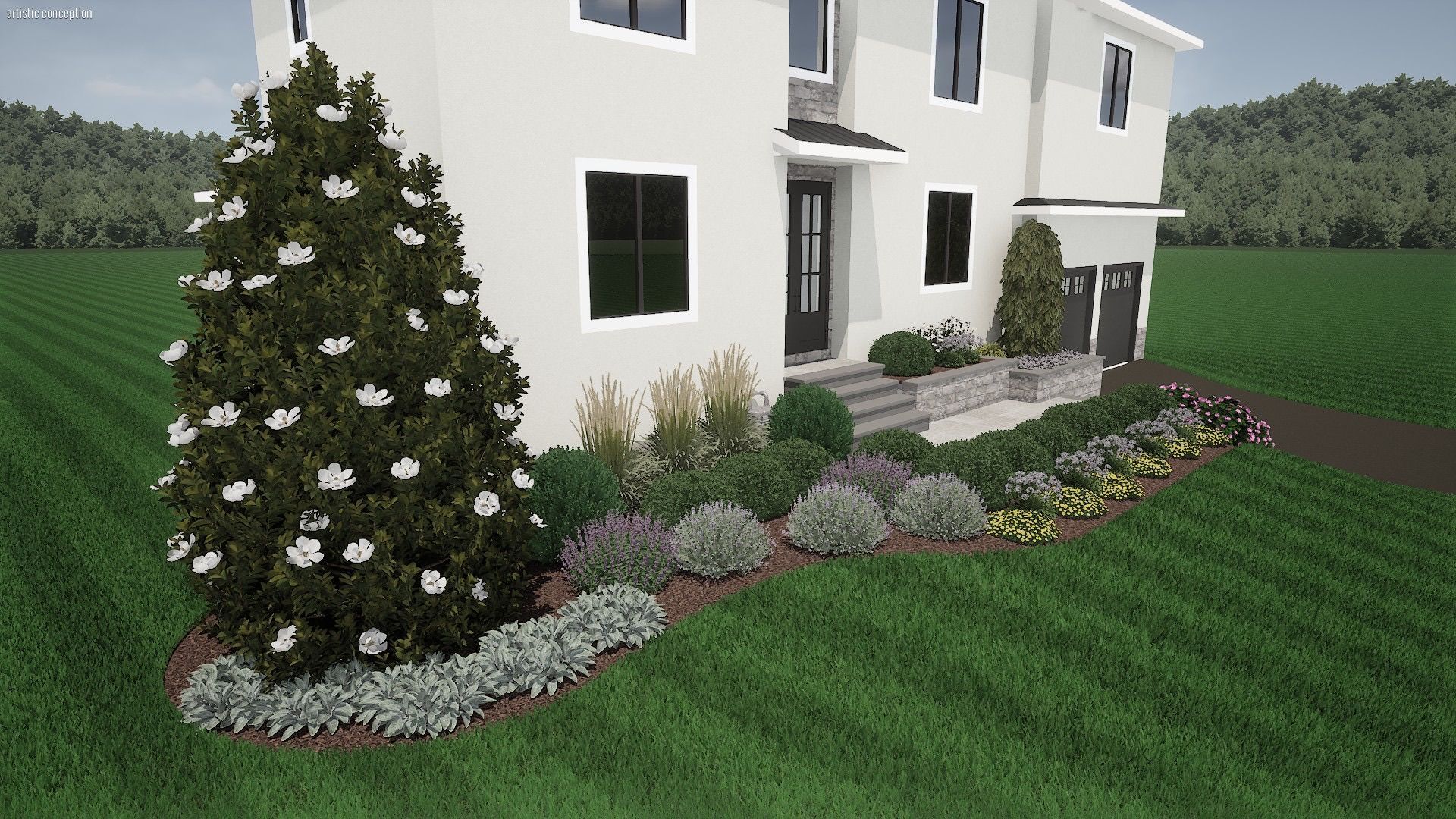 Landscaped front yard with flowering shrubs, a small evergreen tree, and a white house in the background