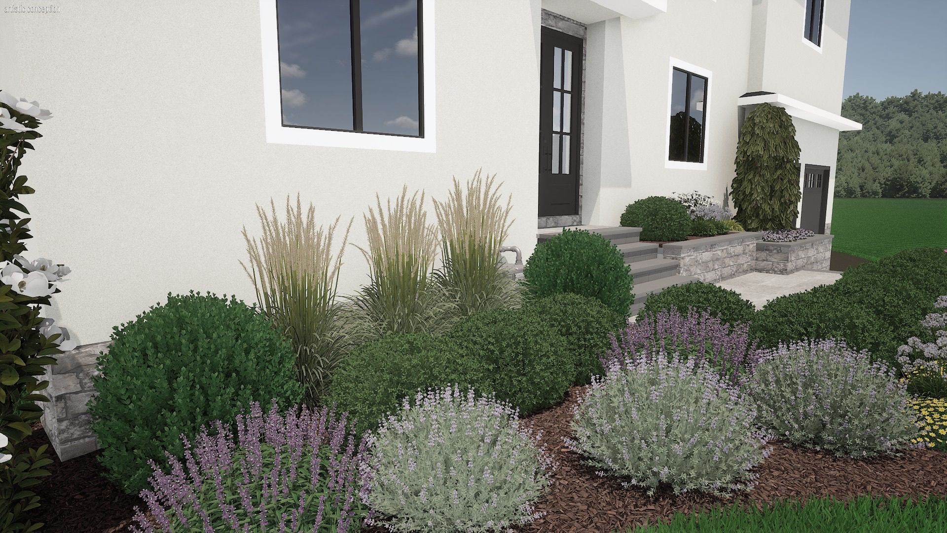 Modern home front yard with landscaped shrubs, grasses, and stone walkway