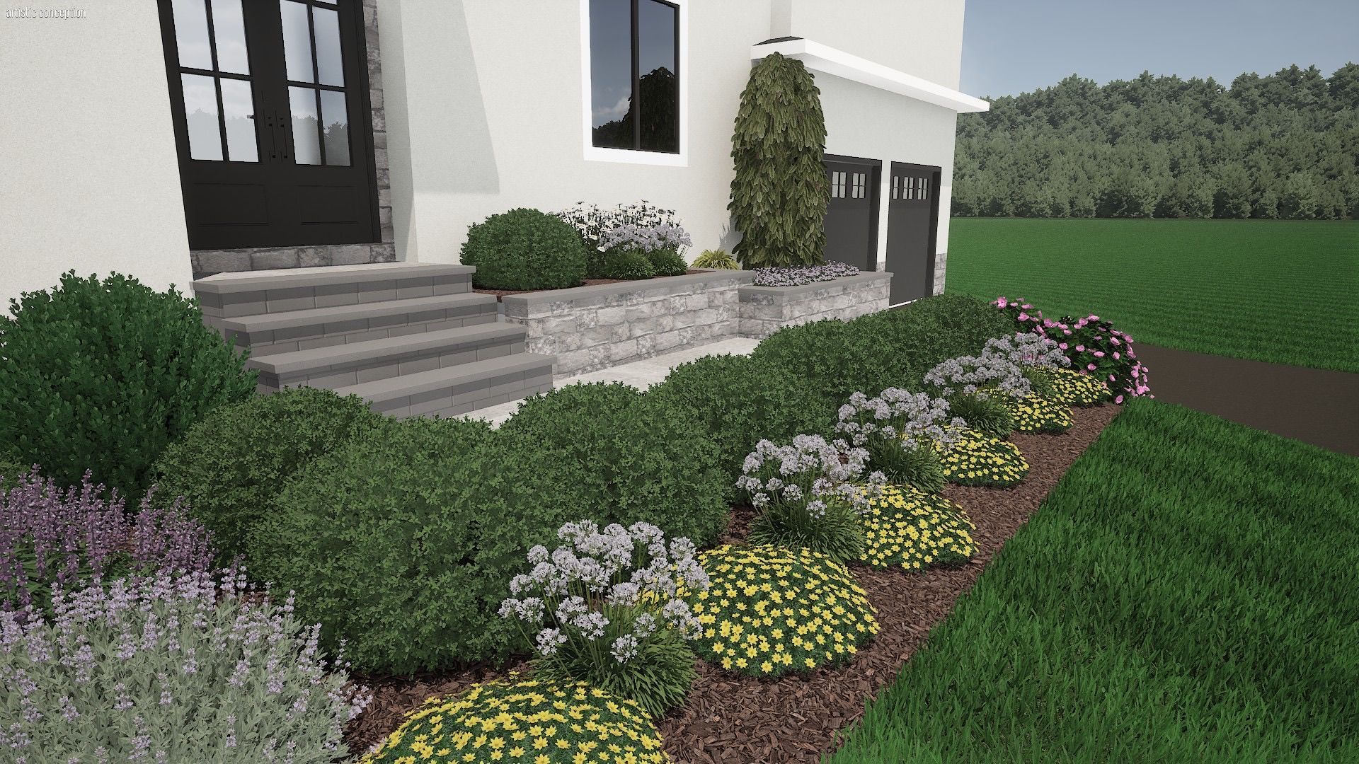 Landscaped front yard with stone steps, shrubs, flowers, and a modern house facade