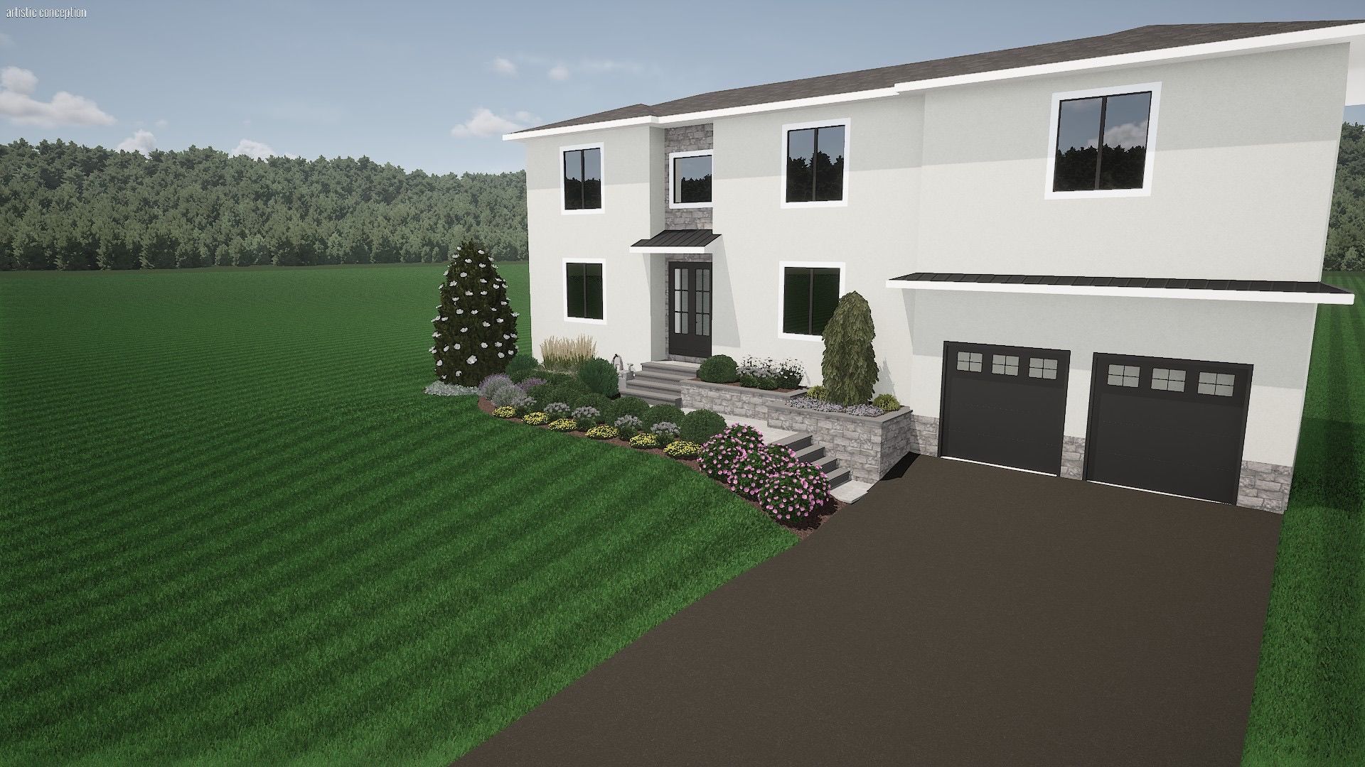 Modern white two-story house with garage, driveway, and landscaped front yard