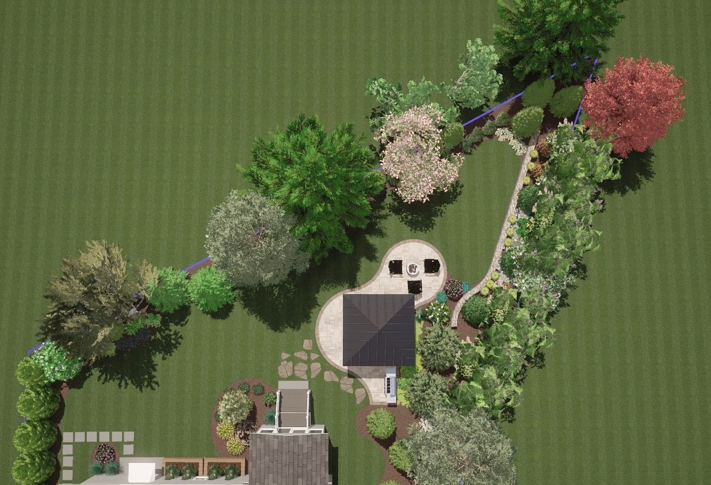 Aerial view of a landscaped garden with trees, paths, a patio, and a house roof