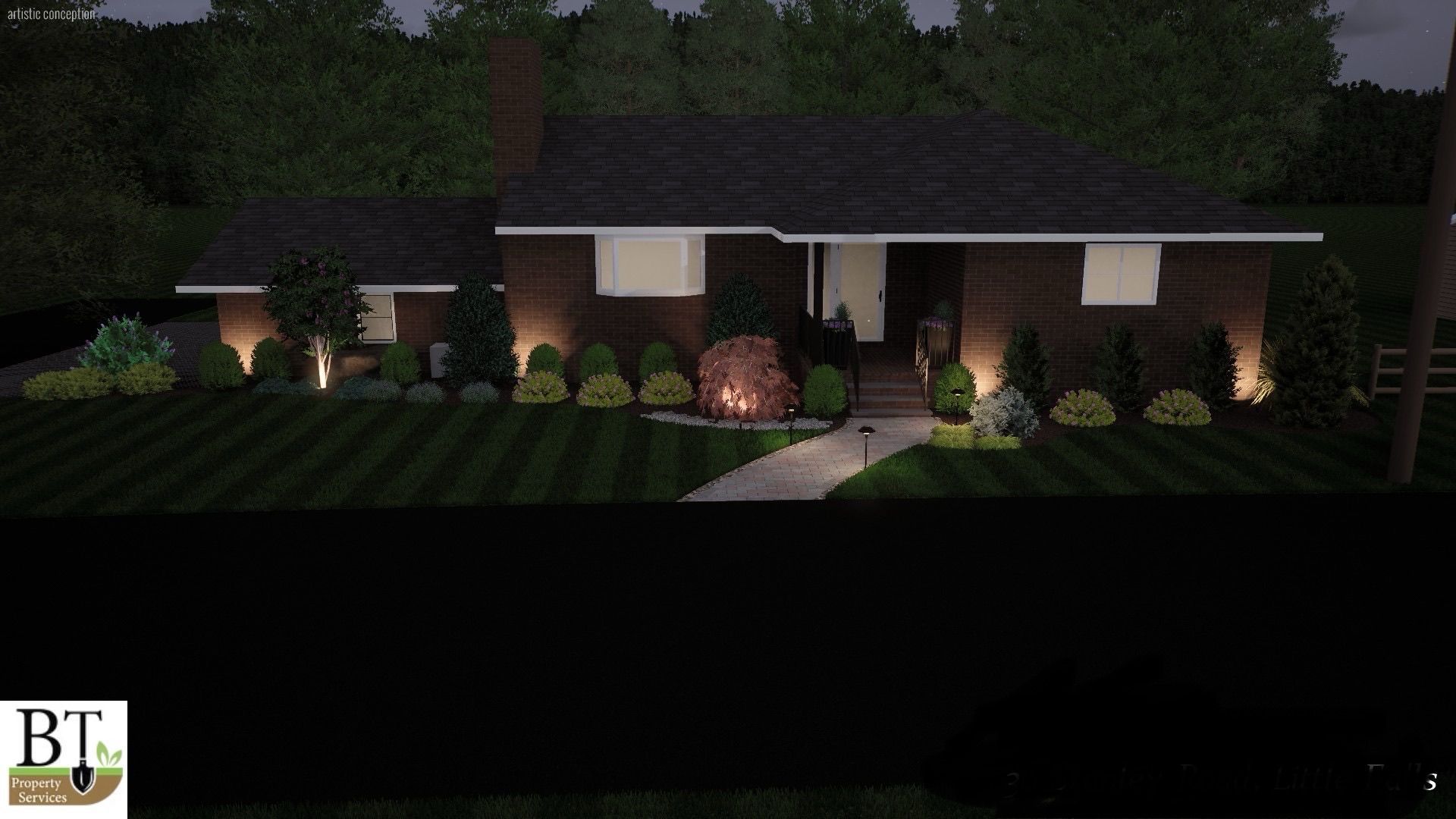 Dark brick house at night with lit windows, front walkway, and landscaped yard with shrubs.