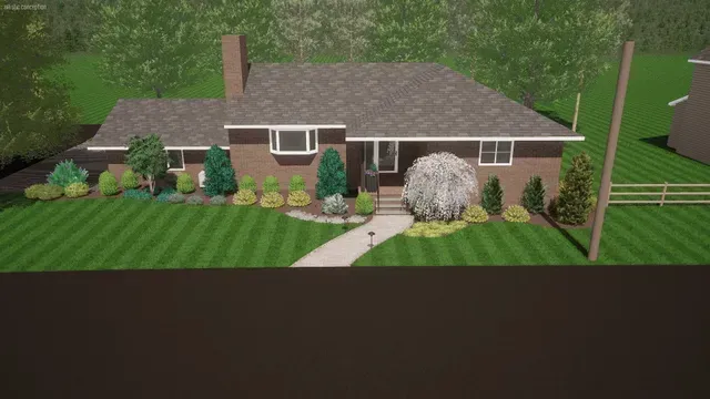 Single-story brick house with a green lawn, shrubs, and a blooming tree in the front yard.