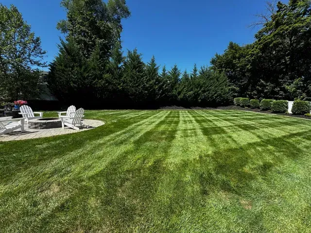 Wide striped green lawn bordered by trees, with white patio chairs on the left under a clear blue sky.