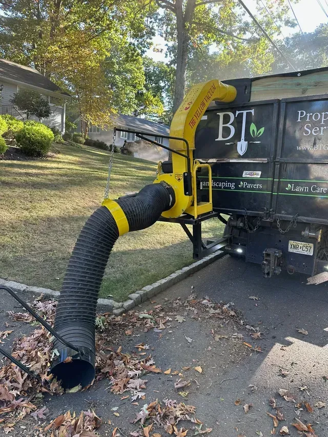 Yellow leaf vacuum hose attached to a black property service truck on a tree-lined street.