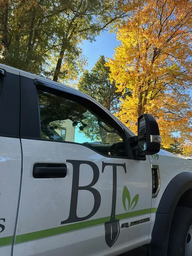 White utility truck with “BT” logo parked outdoors under autumn trees.