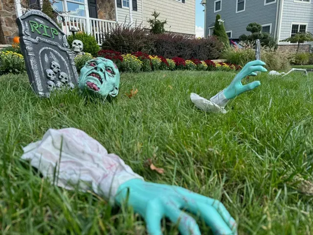Zombie hands and heads rising from a grassy front yard beside a tombstone decoration