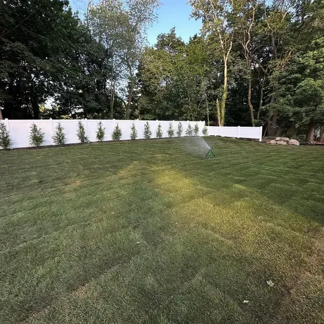 Grassy backyard with a white fence, small trees, and a central sprinkler spraying water
